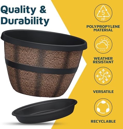10-Inch Whiskey Barrel Planters Outdoor Pack of 6, Plastic Decoration Plant Pots for Indoor & Outdoor Use with Drainage & Saucer, Rustic Garden Planters for Flowers, Small Plants & Herbs - Image 6
