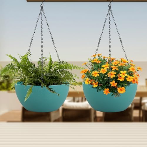 Meowell 12 inch Large Hanging Planters for Indoor Outdoor Plants, 2 Pack Hanging Flower Plant Pots with Drainage Holes and Chain for Garden Porch, Plastic Hanging Baskets for House Plants, Blue Green - Image 6