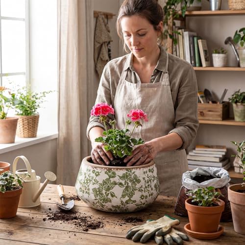 9.8 Inch Large Vintage Ceramic Planter Ice Crack Glaze Green Chrysanthemum Floral Flower Pot with Drainage Rustic Decorative Plant Pots Gifts for Home Kitchen Office Indoor Outdoor Plants - Image 4
