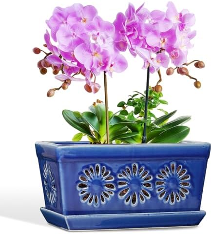 EFISPSS 10 Inch Orchid Pot, Ceramic Orchid Pots with Holes, Indoor Flower pots with Drainage and Saucer, Plant Pots Enhance Good Ventilation - Blue - Image 2