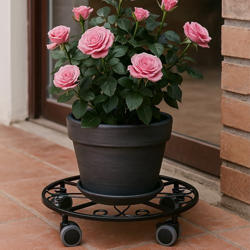 Planterhoma 8 Pack Plant Caddy with Wheels & Saucers, 11.8" Heavy Duty Metal Rolling Plant Stand, Plant Dolly with Lockable Casters, Rustproof Iron Planter Mover for Indoor Outdoor, Black - Image 2