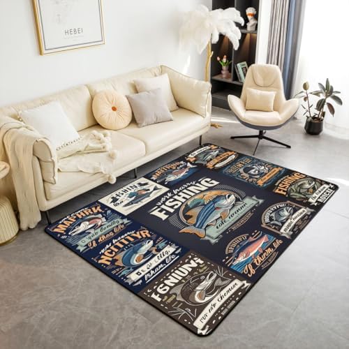 Erosebridal Fishing Area Rug 6'6" x 4'11" Patchwork Living Room Rugs Sea Bass Vintage Retro Poster Style Decorative Carpet Fishing and Hunting Theme Fish Indoor Floor Mat by Erosebridal