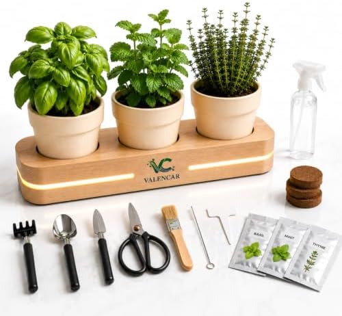 Wooden Indoor Herb Garden Kit with LED Grow Light - Modern Countertop Planter for Kitchen Decor, Unique Gardening Gift for Women & Beginners, 3 Pot Indoor Planting Starter Set by Unknown