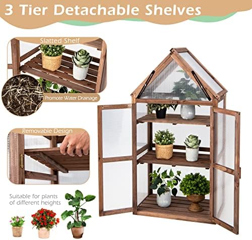 LDAILY Cold Frame Greenhouse, Wooden Raised Flower Planter Shelf w/ Triangular Top Grow Protection, Double Doors, Greenhouse Cabinet for Outdoor Patio Balcony Garden Backyard, 27" L x 16" W x 58" H - Image 4