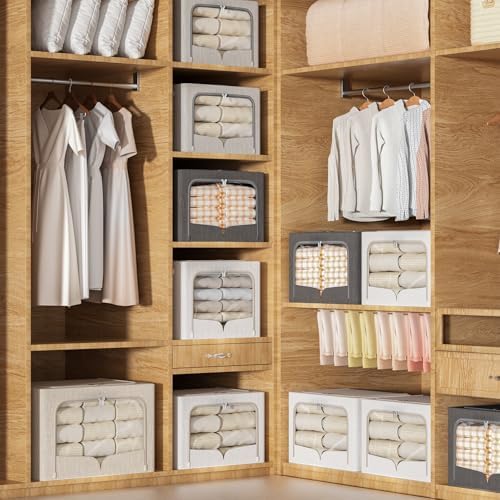 FHSQX 3 Pack Clothes Storage Bins - Foldable Metal Frame Storage Box - Stackable Linen Fabric Container Organizer Set with Carrying Handles and Clear Window (Cream White, 19.7x15.7x13inch(66L)) - Image 6