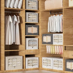 FHSQX 3 Pack Clothes Storage Bins - Foldable Metal Frame Storage Box - Stackable Linen Fabric Container Organizer Set with Carrying Handles and Clear Window (Cream White, 19.7x15.7x13inch(66L)) - Image 6