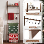 63" Bamboo Blanket Ladder with Shelf and 5 Hooks, Leaning Blanket Rack - Image 3
