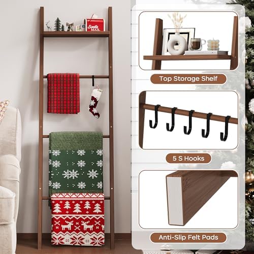 63" Bamboo Blanket Ladder with Shelf and 5 Hooks, Leaning Blanket Rack - Image 3
