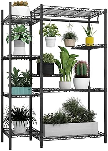 Xiofio Plant Stands for for Indoor Outdoor, Heavy Duty Metal Plant Stand,large Plant Shelf,Adjustable Plant Shelves With Hanging Rod for Living Room,Balcony,Garden,Black by XIOFIO