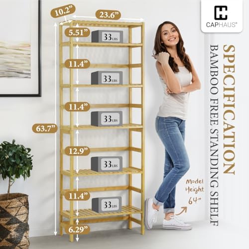Fencer Wire 6-Tier Bamboo Shelf, Bamboo Open Storage Bookcase with Adjustable Layer, Freestanding Plant Display Stand, Multifunctional Storage Rack Stand for Bathroom, Bedroom, Kitchen, Natural - Image 3