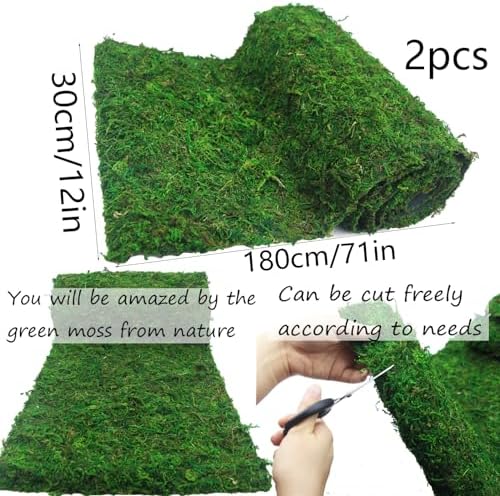 FAICOIA 2 Pcs Floral Moss Rug Roll Dried Moss Sheets for Crafts Table Runner Fairy Gardens Wedding Woodland Decor 12" x 71" Preserved Green Moss Mat for Forest Decoration Carpet Grass Wall 30x180cm - Image 2