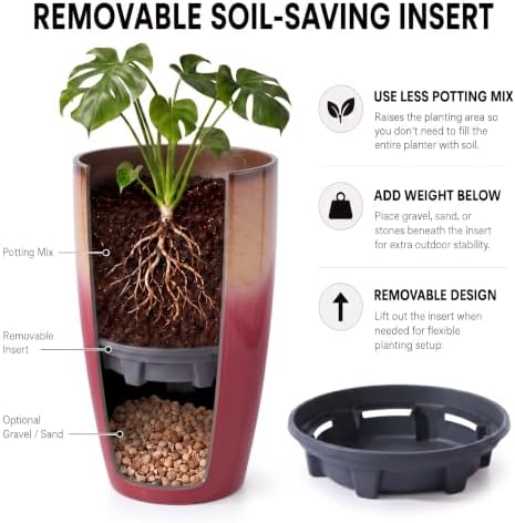 Outdoor Planter 21" Tall Planters Gardening Pots with Insert Shelf Accessories Weather-Resistant Plastic Flower Pot Front Porch Decor, Tan to Burgundy Gradient - Image 3