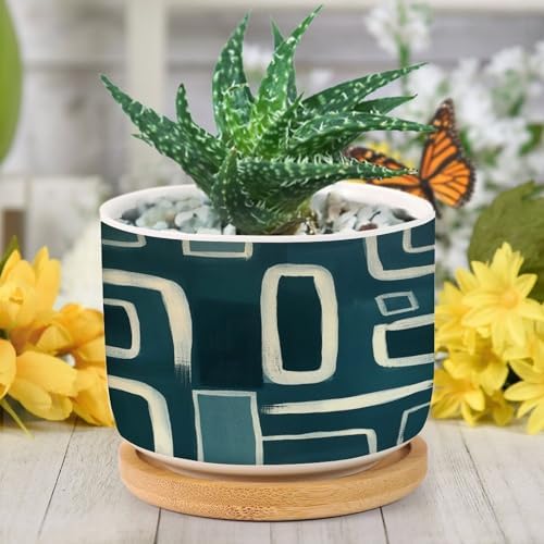 Teal Blue Graffito Ceramic Planters Green White Geometric Flower Pots for Indoor Plants with Drainage Holes and Saucers Pot for Indoor Outdoor Garden - Image 6