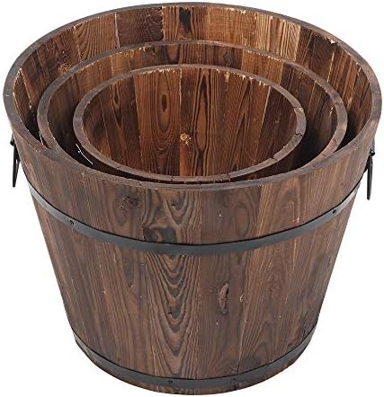 Wooden Whiskey Barrel Planters,Wooden Pot Set,3 PCS Large Wooden Planter Barrel Set, 11.5"(Dia)- 18"(Dia) Real Wood Indoor/Outdoor Flower Pot w/Drainage Holes, Different Sizes, Large Garden Container - Image 3