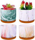 4 pcs 4 Inches Ceramic Marbleizing Style, Big Planters with Bamboo Trays (Colorful) by ROSE+CREATE