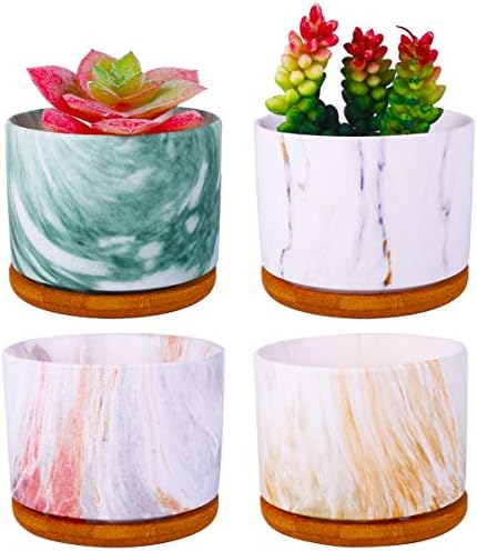 4 pcs 4 Inches Ceramic Marbleizing Style, Big Planters with Bamboo Trays (Colorful) by ROSE+CREATE