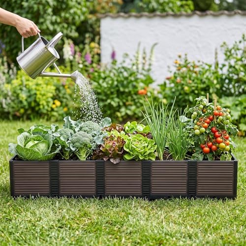 Extra Deep Raised Garden Bed with Legs 48.42 x 16.06 x 19.21 in, 3-Unit Modular Elevated Planter Box with Drainage Plugs, Tool-Free Assembly for Patio Balcony, Black-Brown (Black-brown no leg) - Image 5