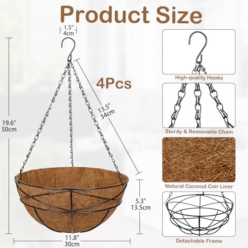 4 Pack 12 inch Metal Hanging Baskets for Plants Outdoor Metal Wire Hanging Basket Planter with Coco Fiber Liners Flower Pots for Home Porch Garden Patio, Diamond-Shaped - Image 3