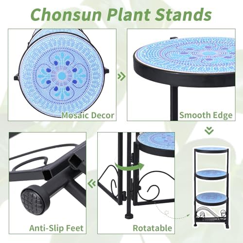 3 Tier Mosaic Ceramic Top Plant Stand, Foldable Flower Pot Holder - Image 3