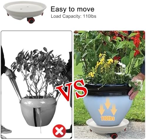 2 Packs Plant Caddy with Wheels, Loading Capacity 80 lbs, 30cm Plant Stand Heavy Duty Plant Dolly with Water Container(White) - Image 3