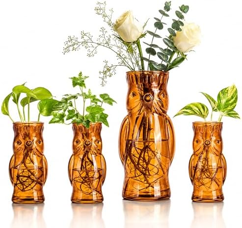 Nacome Owl Plant Propagation Station: Set of 4 Cute Brown Glass Vases by Nacome