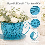 Iron Teacup Planter, Vintage Coffee Cup Flower Pot with Floral Cutout Design, Suitable for Indoor Outdoor Decoration, Ideal for Succulents Flowers, Balcony Garden Decor (Blue) - Image 5