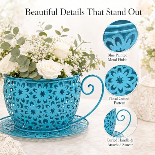 Iron Teacup Planter, Vintage Coffee Cup Flower Pot with Floral Cutout Design, Suitable for Indoor Outdoor Decoration, Ideal for Succulents Flowers, Balcony Garden Decor (Blue) - Image 5