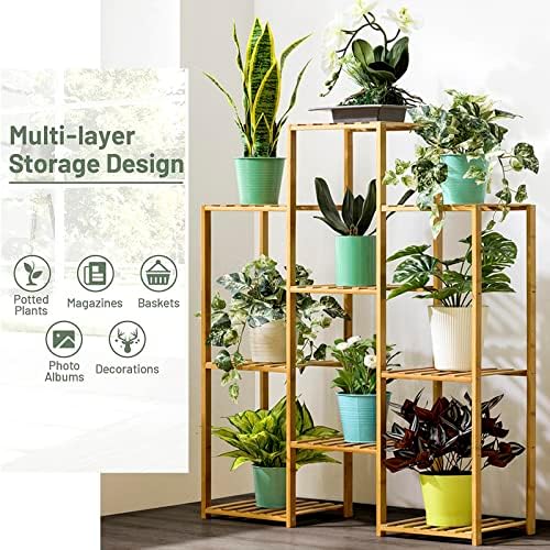 Indoor Ladder Plant Stand, 3-Tier 9 Potted Bamboo Outdoor Tall Plant Shelves, Multifuncional Wood Flower Pot Holder Display Rack Organizer for Office, Living Room, Balcony and Garden - Image 4