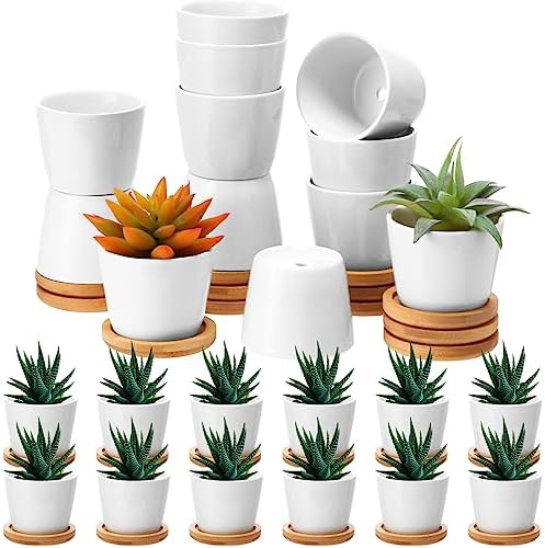 Hsei 24 Pack 2.5 Inch Mini Ceramic Succulent Pots with Bamboo Trays, White by Hsei