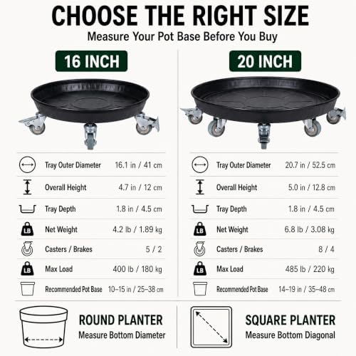 20" 2-Pack Heavy Duty Plant Caddy with Wheels, BotaGlide Series 16-20 Inch Metal Rolling Plant Stand, 400-480 lbs Capacity, Pedal Brake, M10 Reinforced Rubber Casters, Easy Assembly, Indoor Outdoor Use - Image 6