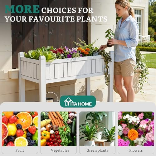 YITAHOME 3.6x1.5x2.8 FT Elevated Garden Bed Kit with Legs and Wheels, Outdoor Large Resin Planter Box Stand with Drain Plug and Storage Shelf for Plants Vegetables Fruits, Grayish-White - Image 6