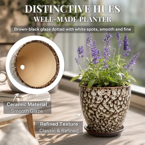 10 Inch Ceramic Planter with Drainage Hole Saucer(Mottled White) - Image 3