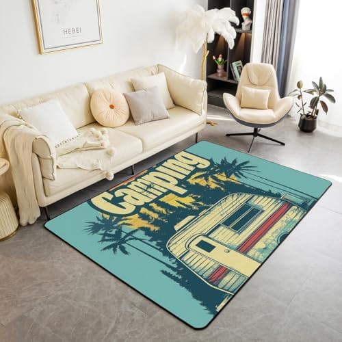 Erosebridal Happy Camping Rv Area Rug 6'6" x 4'11" Palm Trees Silhouette Living Room Rugs Sunset Summer Style Decorative Carpet Hawaiian Light Blue Indoor Floor Mat by Erosebridal