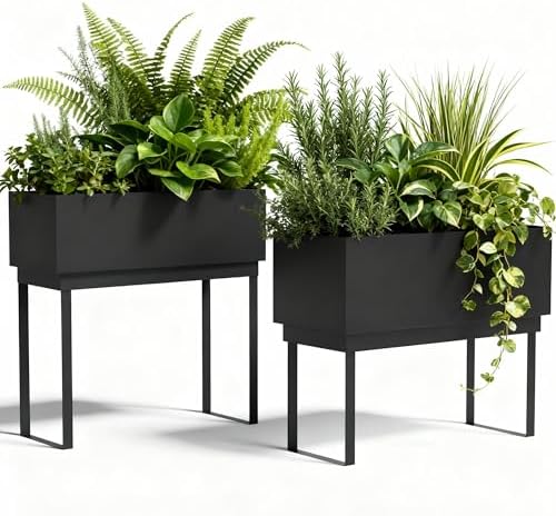 Worth Set of 2 Raised Metal Planter Box with Legs, Large & Small Matte Black Galvanized Steel Elevated Garden Beds with Drainage Hole & Plug for Vegetables, Flowers & Herbs, Indoor & Outdoor Use by WORTH