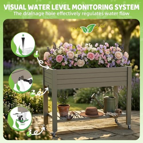 Elevated Raised Garden Bed,Outdoor Large Planter Box with Wheels & Shelf for Backyard Balcony,Dust-Proof Resin Patio Raised Bed for Herbs Flowers Vegetables(Grey) - Image 4