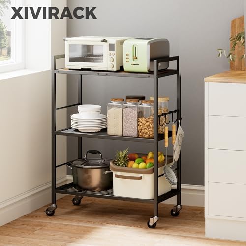 3-Tier Metal Storage Rack with Industrial Wheels,Mesh Shelving Unit with Wooden Table top,Adjustable Shelf,23.6-Inch Width,for Kitchen,Laundry,Pantry,Plant,Black - Image 2