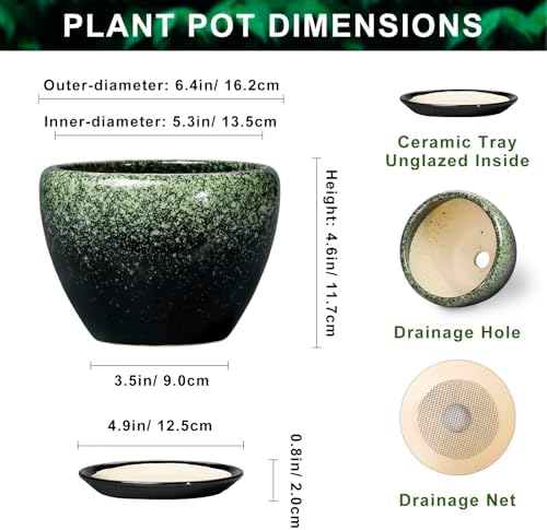 Ceramic Pots for Plants - 6 Inch Plant Pots with Drainage Hole and Saucer, Ceramic Planters for Indoor Plants, Decorative Succulent Pot, Office Decor, Gifts for Plant Lovers, Retro Green - Image 2