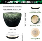 Ceramic Pots for Plants - 6 Inch Plant Pots with Drainage Hole and Saucer, Ceramic Planters for Indoor Plants, Decorative Succulent Pot, Office Decor, Gifts for Plant Lovers, Retro Green - Image 2