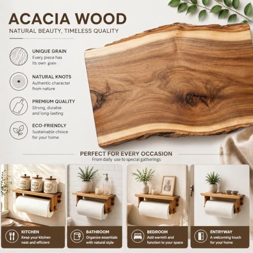 Taozun Acacia Wood Adhesive Paper Towel Holder with Shelf Wall Mount - Image 2