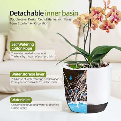 5.7Inch White Orchid Pots with Holes for Repotting, Double-Layer Plastic Self Watering Flower Pots for Indoor Plants with Drainage Holes, Clear Orchid Pot Match Decorative Orchid Container, 5 Packs - Image 4