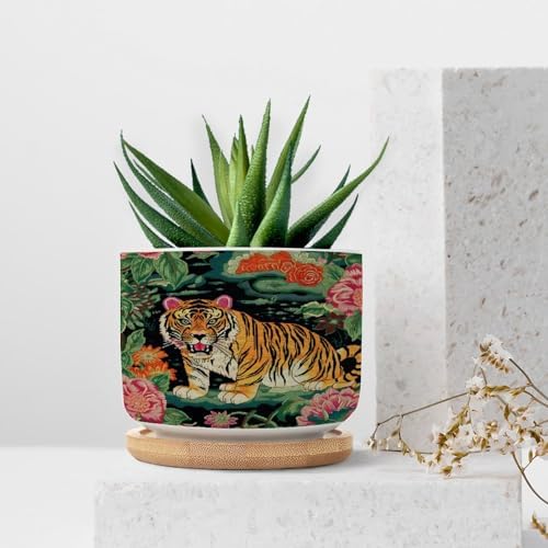 Chinoiserie Tiger Ceramic Planters Green and Turquoise Tiger Stripe Snake Plant Live Indoor with Pot with Drainage Holes and Saucers Pot for Home Office Desk Garden - Image 7
