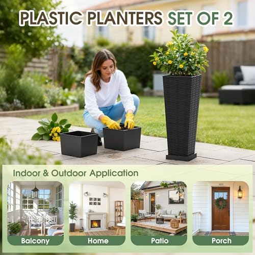 Greesum Set of 2 Tall Plastic Planters with Saucer, 23 Inch, Black - Image 6