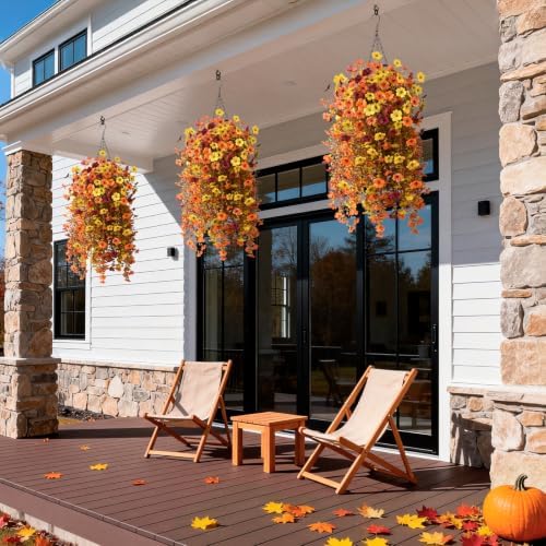 Fake Mums Fall Artificial Flowers Hanging Basket for Outdoor Decoration - Image 3