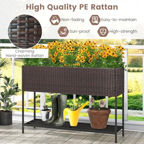 GIANTEX Raised Garden Bed with Legs, 40" x 12" Rattan Elevated Planter Box w/Storage Shelf, Removable Liner, Drainage Gaps for Vegetables, Flowers & Herbs, Outdoor Planting Stand for Backyard Patio - Image 7