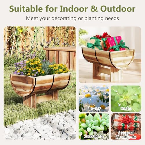 S AFSTAR 2 Pieces Acacia Wood Raised Garden Beds, Half-Barrel Planter Box with Legs, Drainage Gaps & Metal Bands, Rustic Plant Box Decorative Elevated Flower Pot for Indoor & Outdoor - Image 6