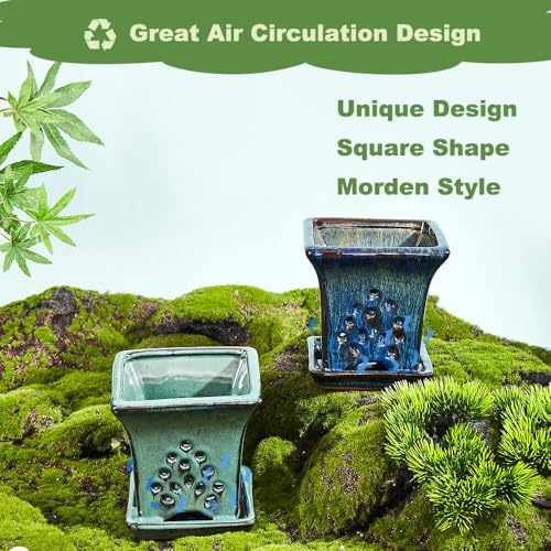 Ceramic Orchid Pots with Holes attached Saucers 4.8 Inches - Set of 2 Small Square Orchid Pots for Repotting, Decorative Ceramic Orchid Planter with Hole for Healthy Root Growth Blue and Green - Image 5