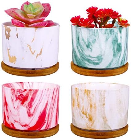 4 pcs 4 Inches Ceramic Marbleizing Style Succulent Planters with Bamboo Trays (Colorful) by ROSE+CREATE