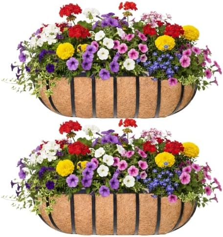 16“ Window Box Railing Planter with Coco Liner Metal Wall-Mounted Coconut Liner Planter Basket English Horse Trough Planters for Outdoor Deck Balcony Porch Fence Patio Black (2 Pack) by KIDYBELL