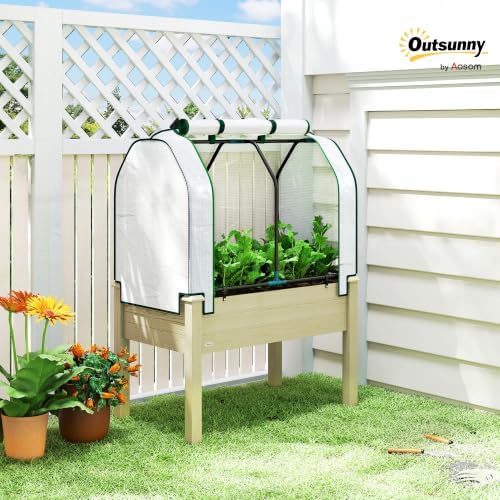 Outsunny Raised Garden Bed with PE Greenhouse Cover 35x22x47 inch Natural - Image 2