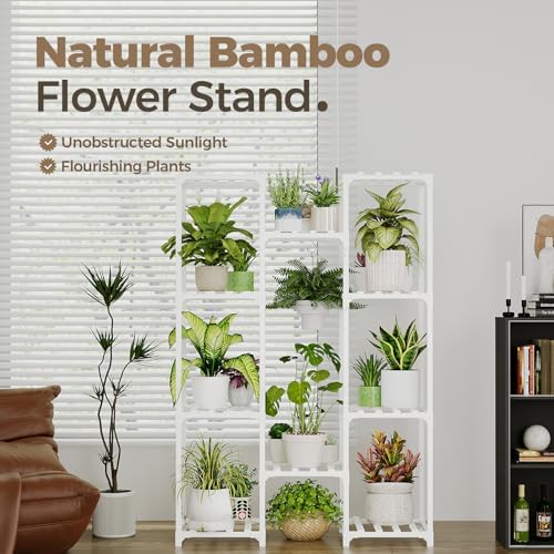 Bamworld White Plant Stand Indoor/Outdoor Ladder Plant Rack, 3 Tiers for 7 Pots, Living Room Boho Decor - Image 2